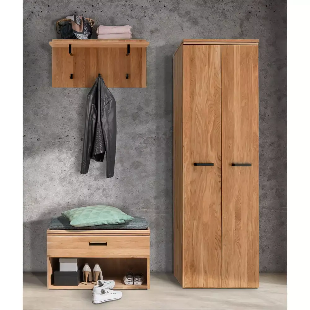 Lomadox Dielenschrank Eiche massiv geölt LEUNA-64 mit Metallgriffen in schwarz, B/H/T: ca. 60/195/39 cm Blitzangebot