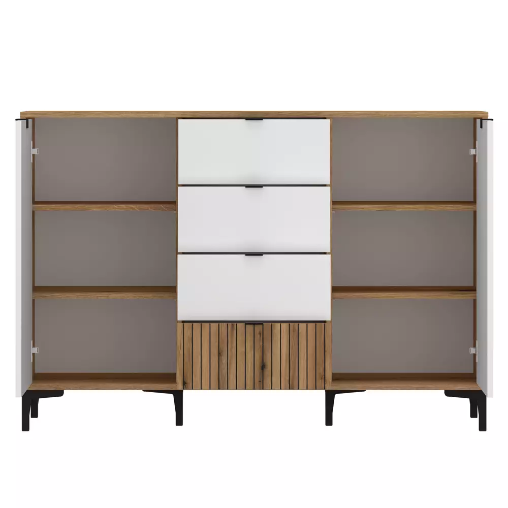 Lomadox Sideboard Eiche mit weiß und Lamellenoptik 135 cm breit RISBY-129 Riesige Rabatte