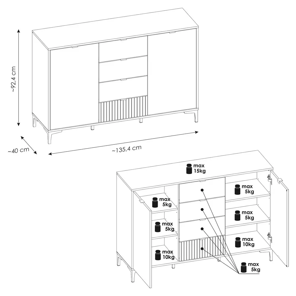 Lomadox Sideboard Eiche mit weiß und Lamellenoptik 135 cm breit RISBY-129 Riesige Rabatte