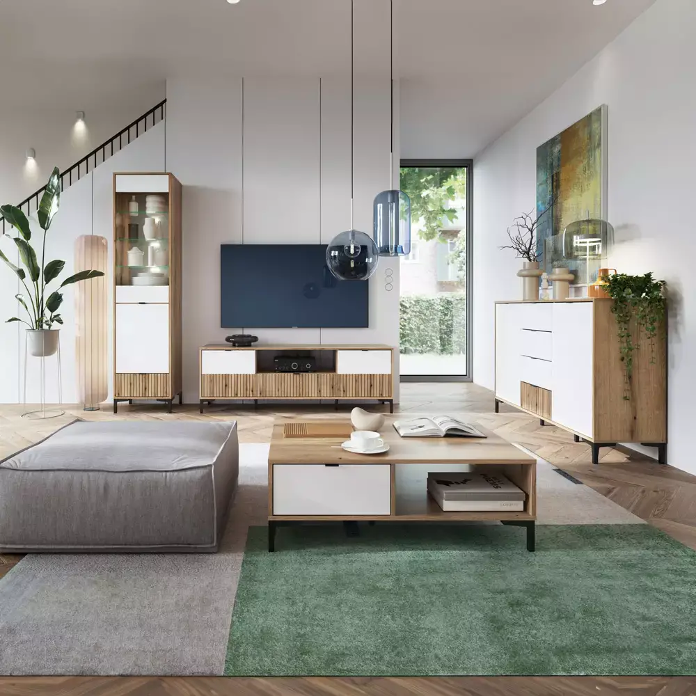 Lomadox Sideboard Eiche mit weiß und Lamellenoptik 135 cm breit RISBY-129 Riesige Rabatte