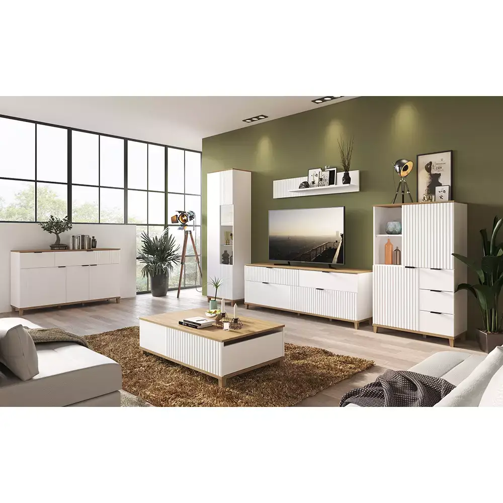 Lomadox Wohnwand mit Sideboard und Couchtisch PLYMOUTH-129 in weiß mit Eiche Nb