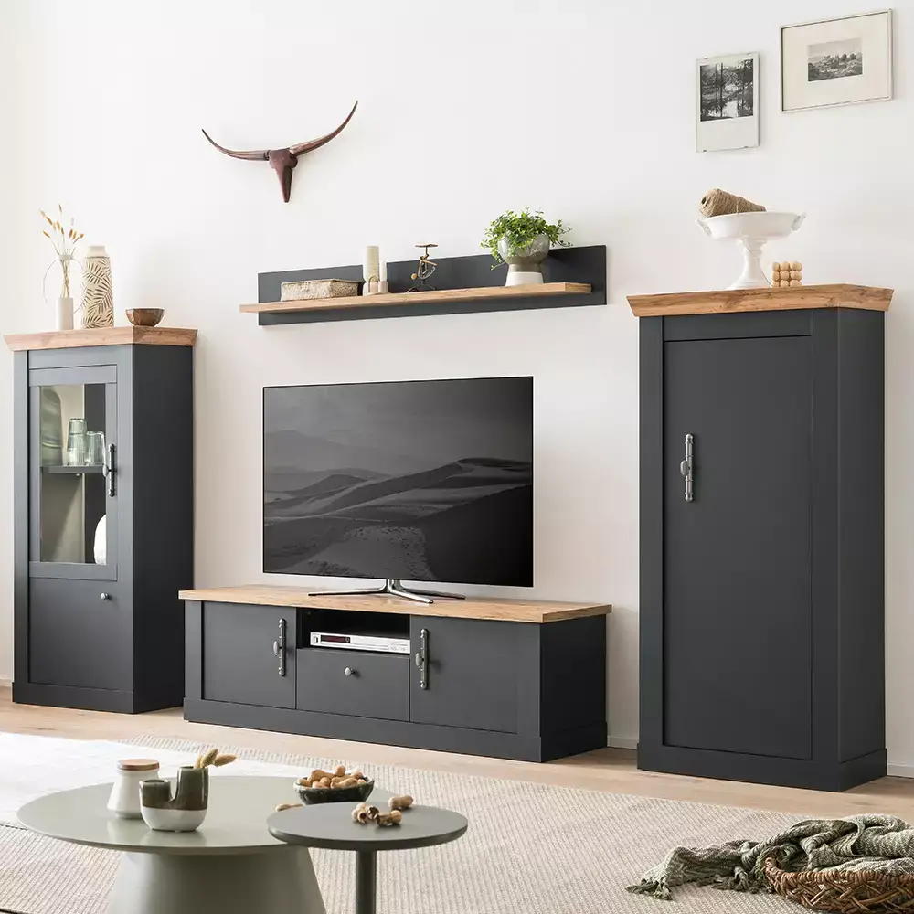 Lomadox 2-tlg Wohnwandset in anthrazit mit Wotan Eiche Nb. im Landhaus Design, B/H/T ca. 158/170/45 cm Fabrikverkauf