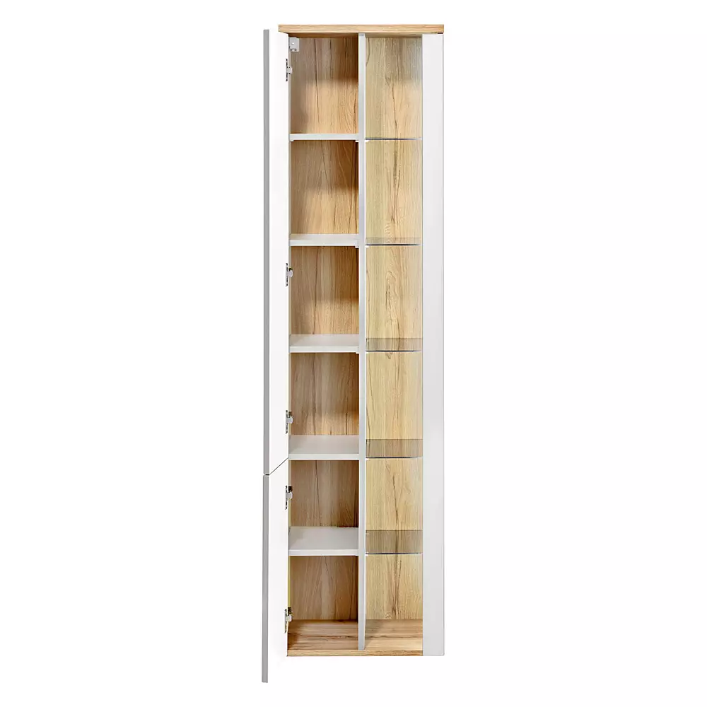 Lomadox Badmöbel Set mit Keramik-Waschtisch inkl LED BERMUDA-56 in Weiß-Hochglanz mit Wotaneiche B/H/T: 145/190/45cm Exklusivangebot