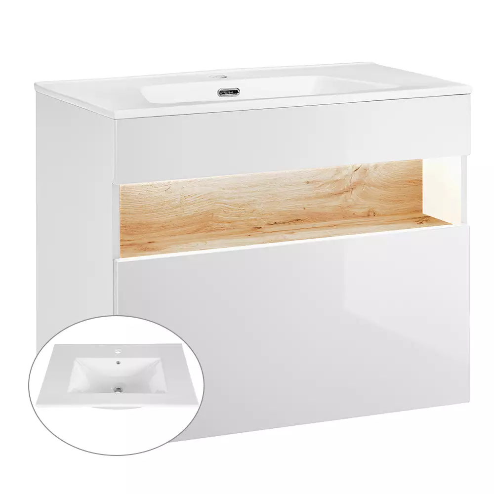 Lomadox Badmöbel Set mit Keramik-Waschtisch inkl LED BERMUDA-56 in Weiß-Hochglanz mit Wotaneiche B/H/T: 145/190/45cm Exklusivangebot
