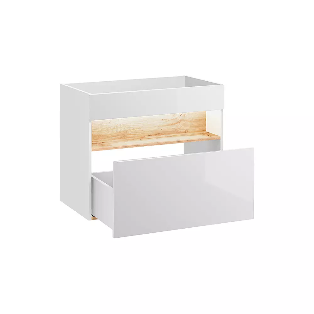 Lomadox Badmöbel Set mit Keramik-Waschtisch inkl LED BERMUDA-56 in Weiß-Hochglanz mit Wotaneiche B/H/T: 145/190/45cm Exklusivangebot