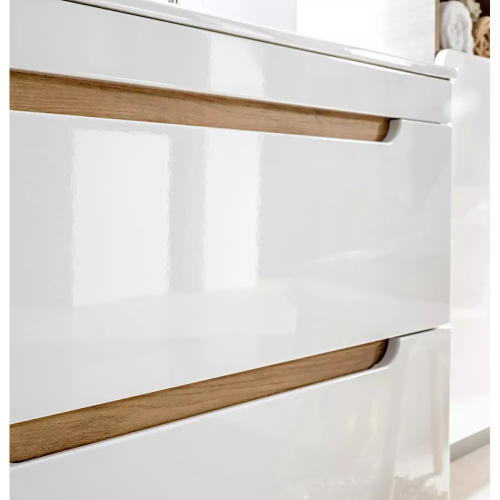 Lomadox Badezimmer Komplettset in Hochglanz weiß mit Wotan Eiche Nb. LUTON-56 B/H/T ca. 181/195/46 cm Exklusive Angebote