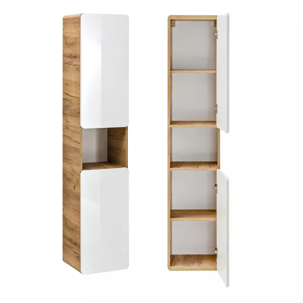 Lomadox Badezimmer Komplettset in Hochglanz weiß mit Wotan Eiche Nb. LUTON-56 B/H/T ca. 181/195/46 cm Exklusive Angebote