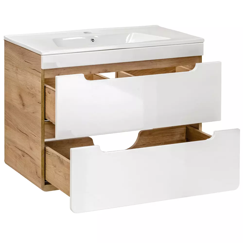 Lomadox Badezimmer Komplettset in Hochglanz weiß mit Wotan Eiche Nb. LUTON-56 mit LED-Spiegelschrank, B/H/T ca. 180/200/46 cm Blitzangebot