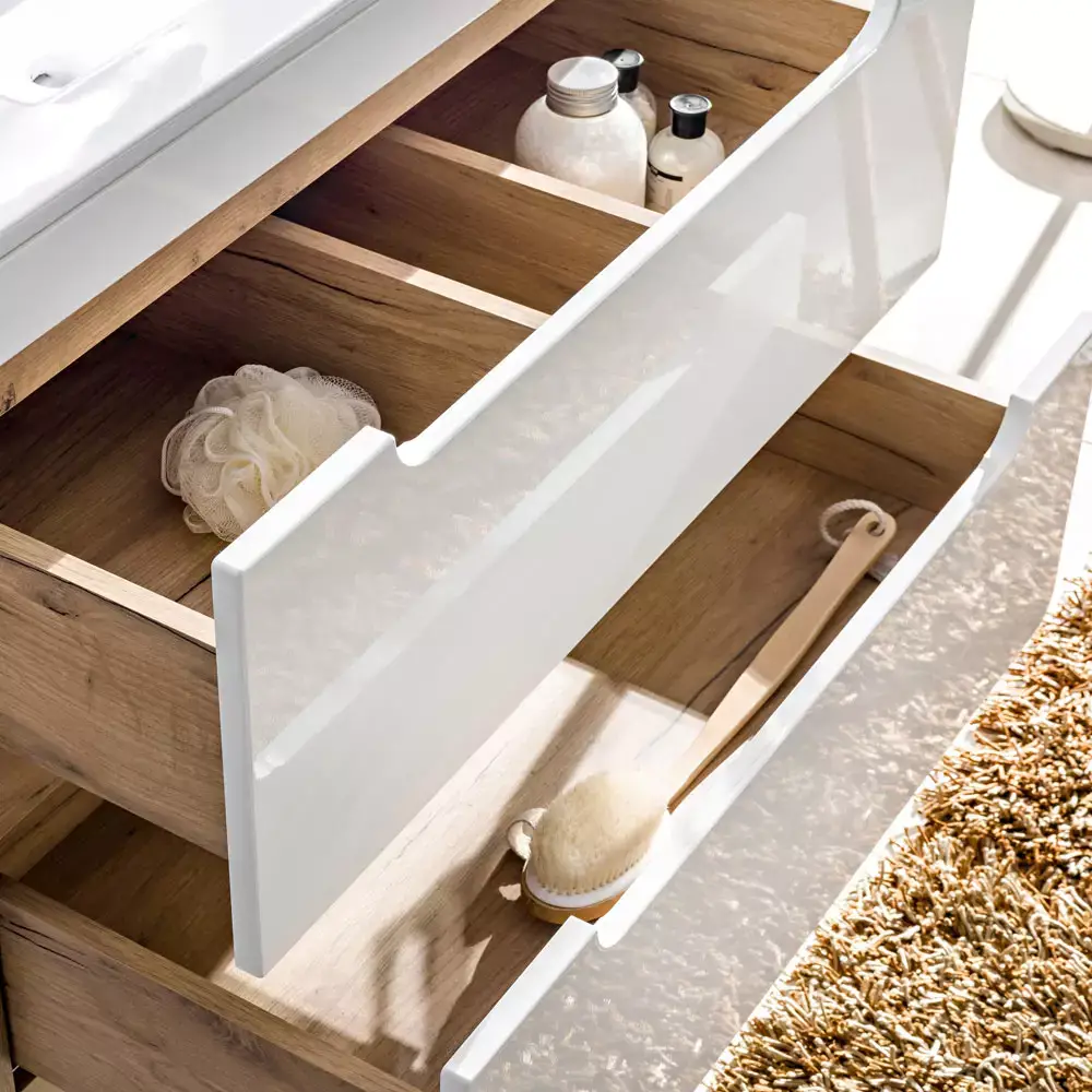 Lomadox Badezimmer Komplettset in Hochglanz weiß mit Wotan Eiche Nb. LUTON-56 mit LED-Spiegelschrank, B/H/T ca. 180/200/46 cm Blitzangebot