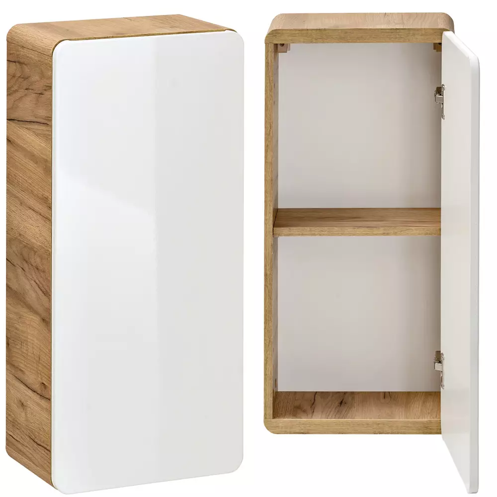 Lomadox Badezimmer Möbelset mit Keramik Waschtisch LUTON-56 in Hochglanz weiß mit Wotan Eiche Nb., B/H/T ca. 130/200/46 cm Bestseller