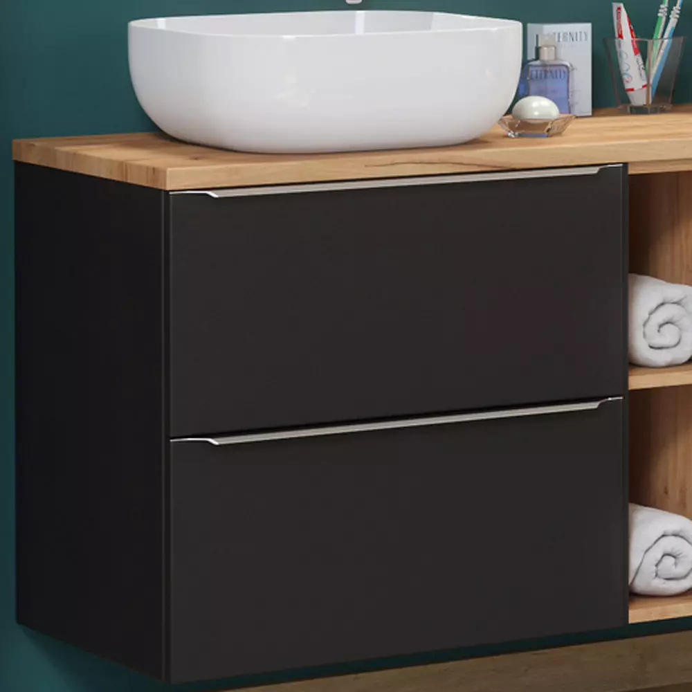 Lomadox Badezimmer Set seidenmatt anthrazit & Wotaneiche TOSKANA-BLACK-56 121cm Waschtisch inkl. 2 Aufsatzwaschbecken, LED-Spiegelschränke B/H/T ca.: 121/200/46cm Saisonale Angebote