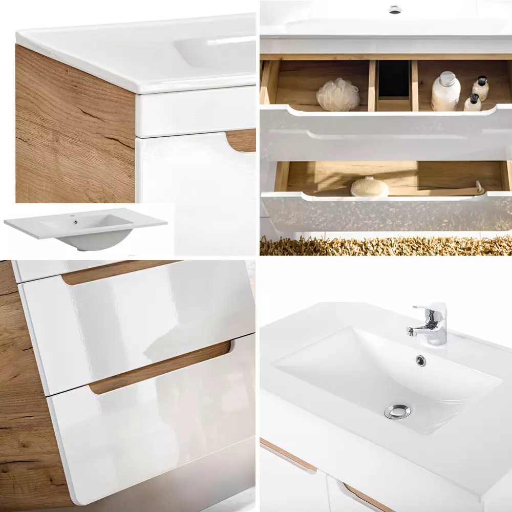 Lomadox Badezimmer Set 7-tlg in Hochglanz weiß mit Wotan Eiche Nb. LUTON-56 mit LED-Spiegelschrank, B/H/T ca. 180/200/46 cm Räumungsverkauf