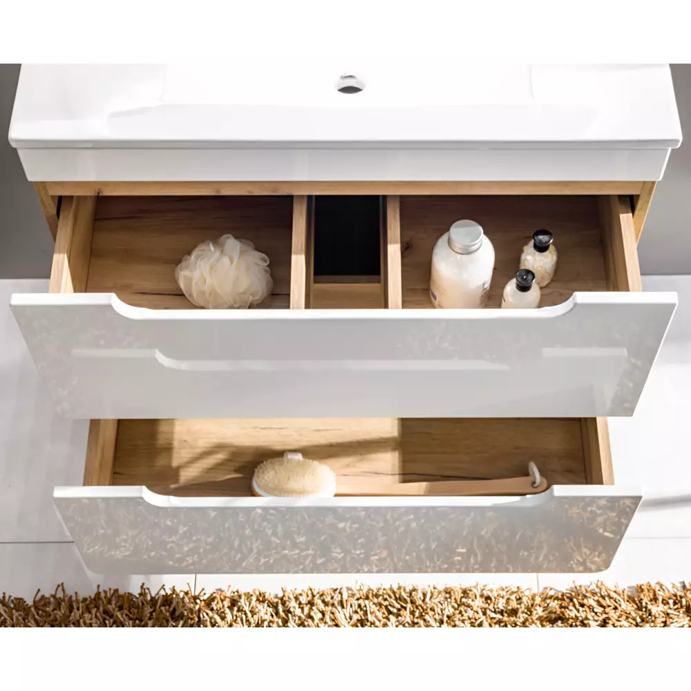 Lomadox Badezimmer Set Hochglanz weiß mit Wotan Eiche Nb. LUTON-56 mit 81 cm Waschtisch & LED-Spiegelschrank, B/H/T ca. 130/200/46 cm Tägliche Deals