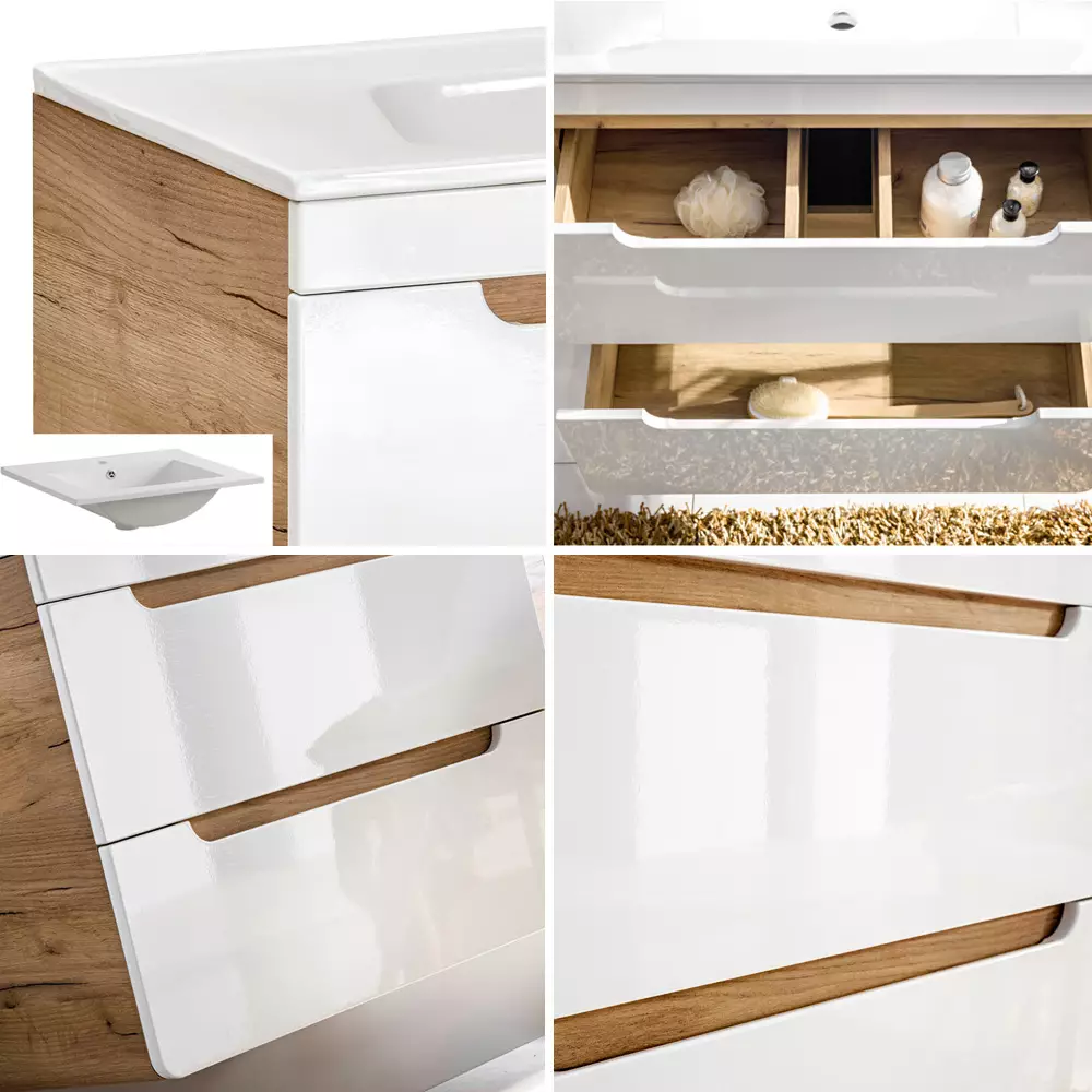 Lomadox Badezimmer Set Hochglanz weiß mit Wotan Eiche Nb. LUTON-56 mit 81 cm Waschtisch & LED-Spiegelschrank, B/H/T ca. 130/200/46 cm Tägliche Deals