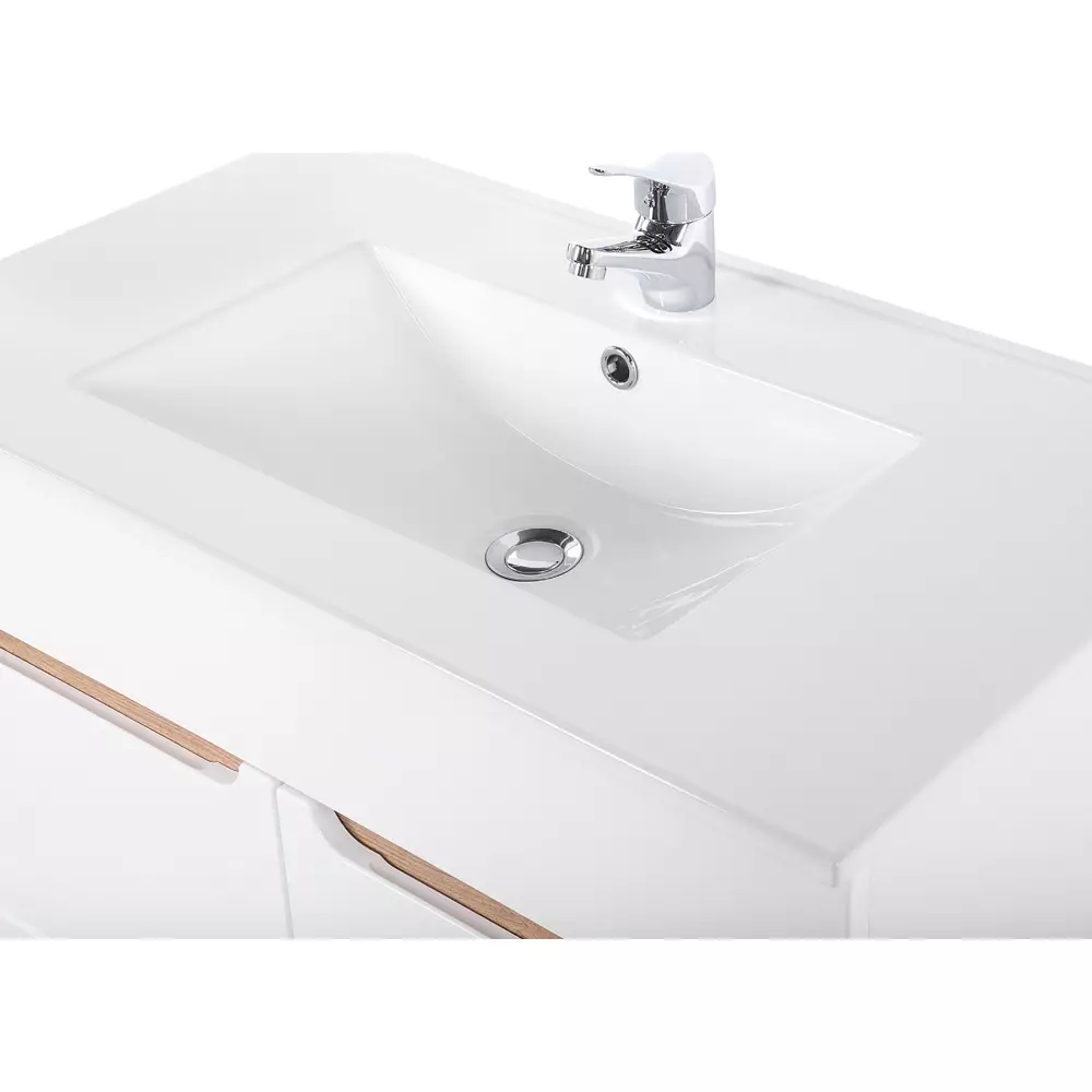 Lomadox Badezimmer Set Hochglanz weiß mit Wotan Eiche Nb. LUTON-56 mit 81 cm Waschtisch & LED-Spiegelschrank, B/H/T ca. 130/200/46 cm Tägliche Deals