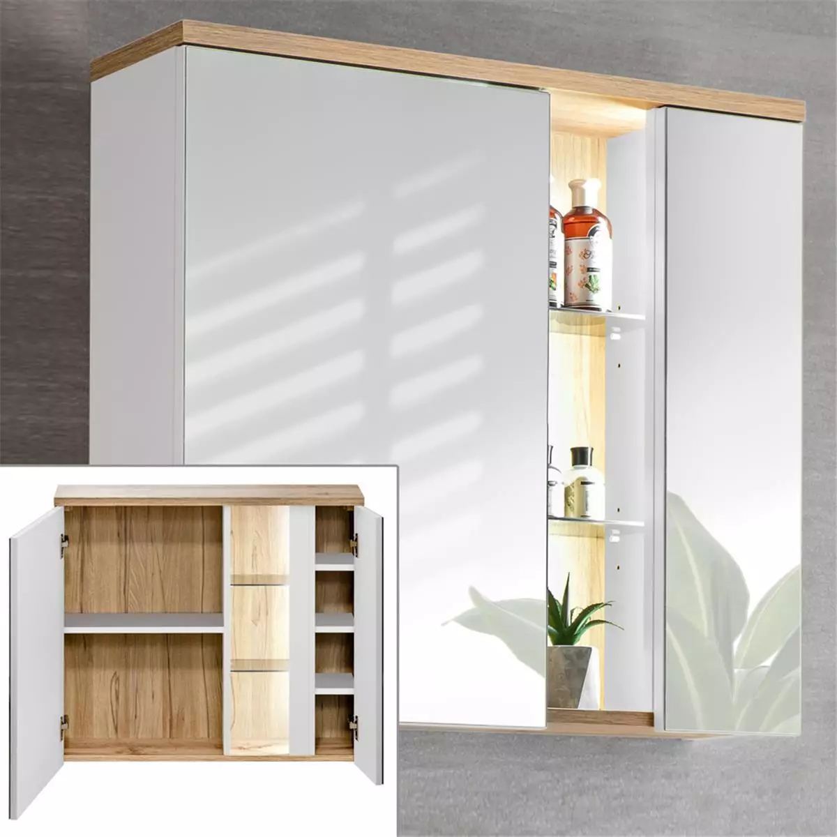 Lomadox Badezimmer Set in Hochglanz weiß, Wotan Eiche Nb. LUTON-56 mit 81 cm Keramik-Waschtisch & LED-Spiegelschrank B/H/T ca. 181/195/46 cm Sonderangebote