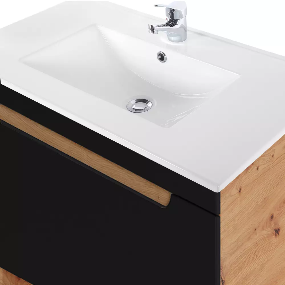 Lomadox Badezimmer Set in seidenmatt anthrazit mit Wotan Eiche Nb. NEW-LUTON mit 81 cm Keramik-Waschtisch & LED-Spiegel, B/H/T ca. 130/200/46 cm Riesige Ersparnisse