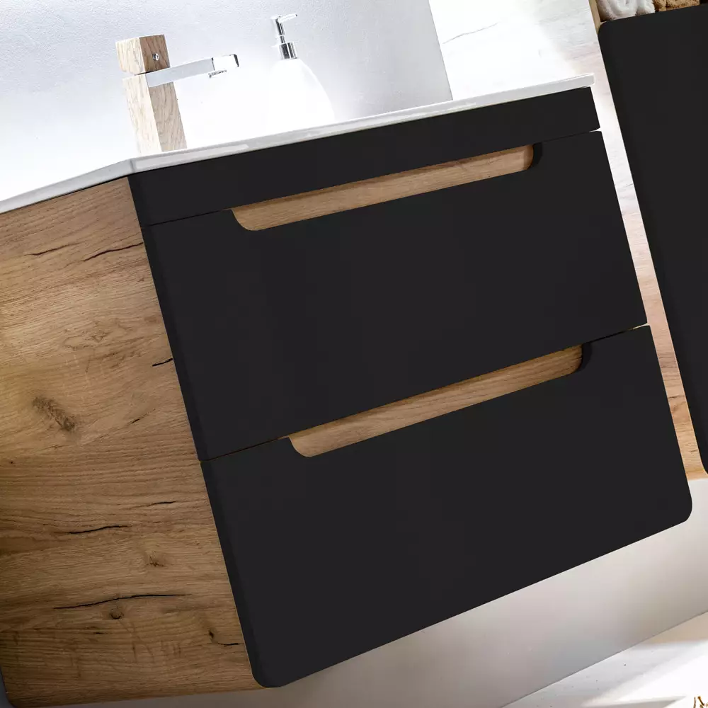 Lomadox Badezimmer Set in seidenmatt anthrazit mit Wotan Eiche Nb. NEW-LUTON mit 81 cm Keramik-Waschtisch & LED-Spiegel, B/H/T ca. 130/200/46 cm Riesige Ersparnisse