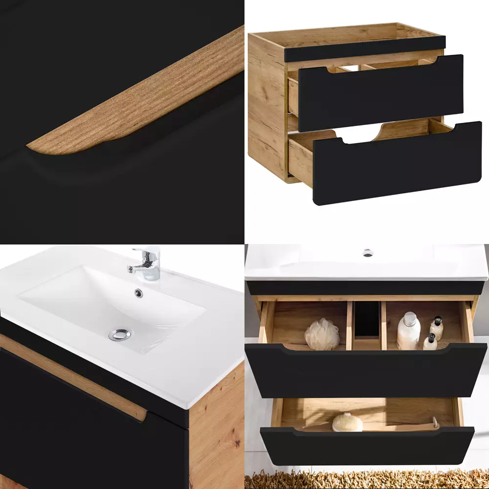 Lomadox Badezimmer Set in seidenmatt anthrazit mit Wotan Eiche Nb. NEW-LUTON mit 81 cm Keramik-Waschtisch & LED-Spiegelschrank, B/H/T ca. 130/200/46 cm VIP-Rabatte