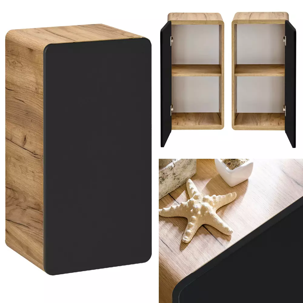 Lomadox Badezimmer Set in seidenmatt anthrazit mit Wotan Eiche Nb. NEW-LUTON mit 81 cm Keramik-Waschtisch & LED-Spiegelschrank, B/H/T ca. 130/200/46 cm VIP-Rabatte