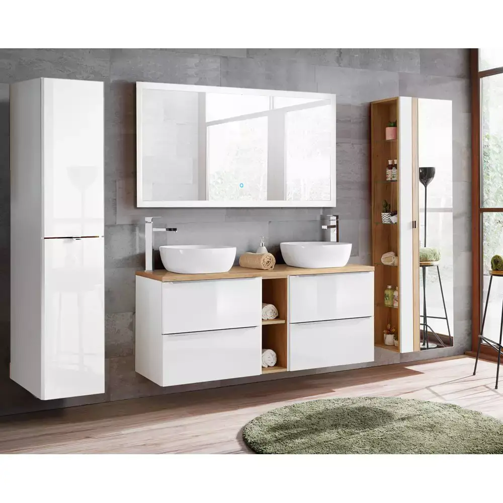 Lomadox Badezimmer Set weiß Hochglanz mit Keramik-Doppel-Waschtisch TOSKANA-56 LED-Touch-Spiegel, BxHxT ca. 260/190/46cm Begrenzte Freigabe