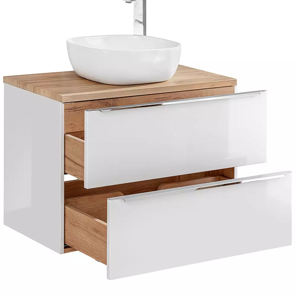 Lomadox Badezimmer Set weiß Hochglanz mit Keramik-Doppel-Waschtisch TOSKANA-56 LED-Touch-Spiegel, BxHxT ca. 260/190/46cm Begrenzte Freigabe