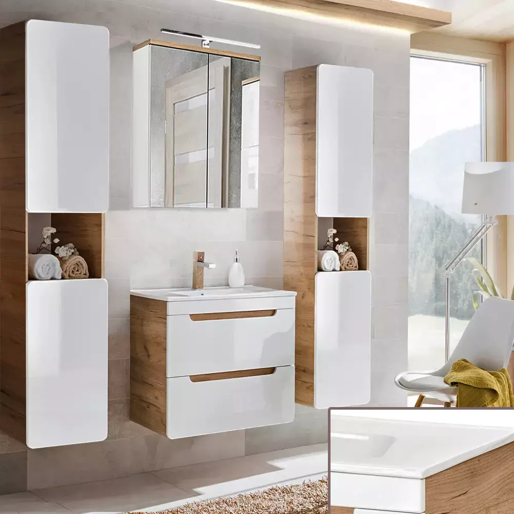 Lomadox Badezimmer Spiegelschrank 60 cm LED-Beleuchtung LUTON-56 weiß mit Wotan Eiche Nb., B/H/T ca. 60/70/20 cm Letzte 3 Tage