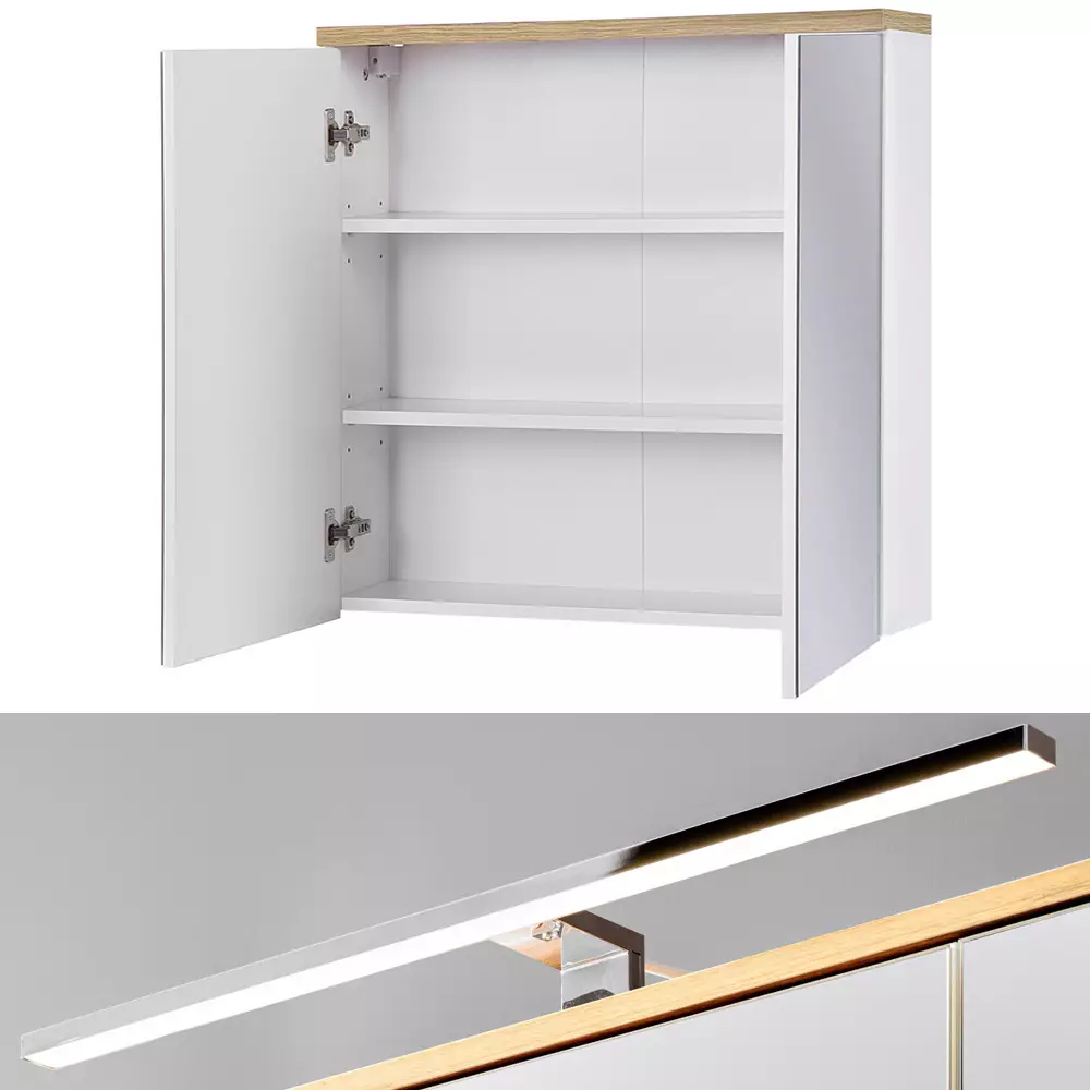Lomadox Badezimmer Spiegelschrank 80 cm LED-Beleuchtung LUTON-56 Hochglanz weiß mit Wotan Eiche Nb., B/H/T ca. 80/70/20 cm JETZT KAUFEN