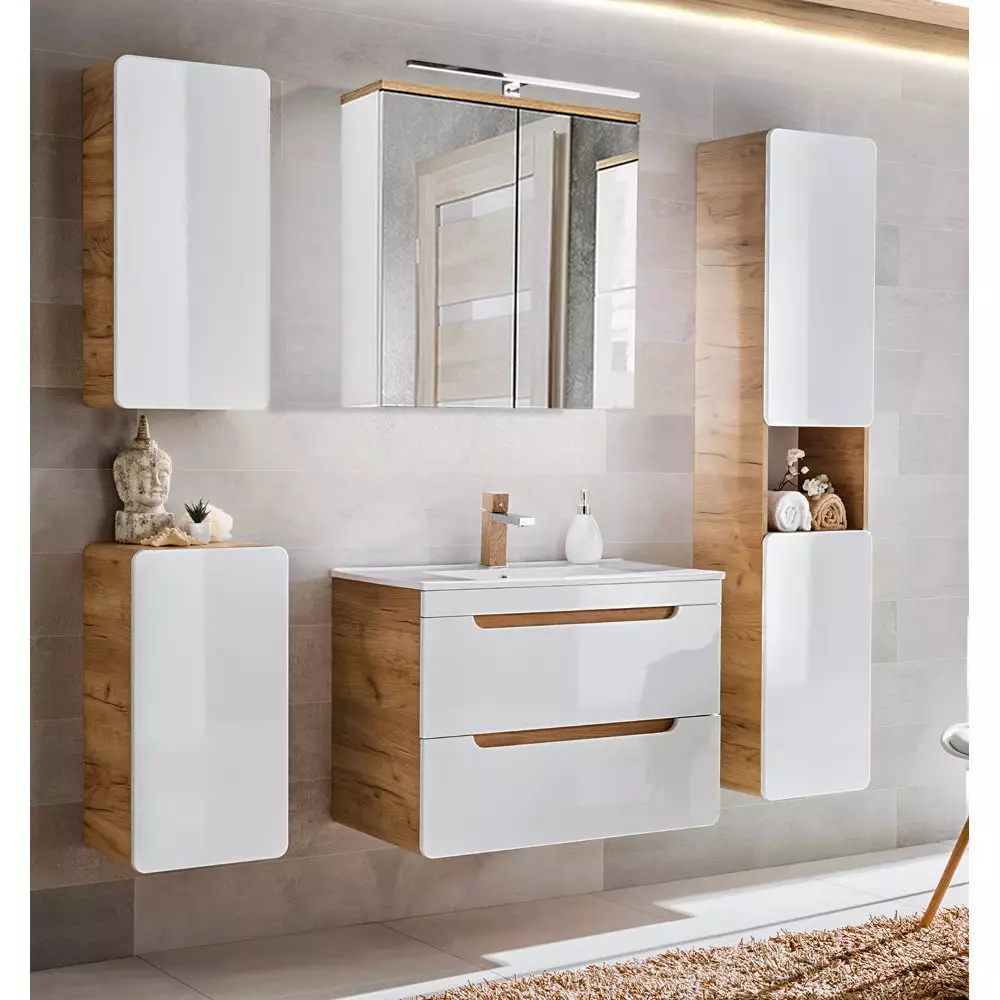 Lomadox Badezimmer Spiegelschrank 80 cm LED-Beleuchtung LUTON-56 Hochglanz weiß mit Wotan Eiche Nb., B/H/T ca. 80/70/20 cm JETZT KAUFEN