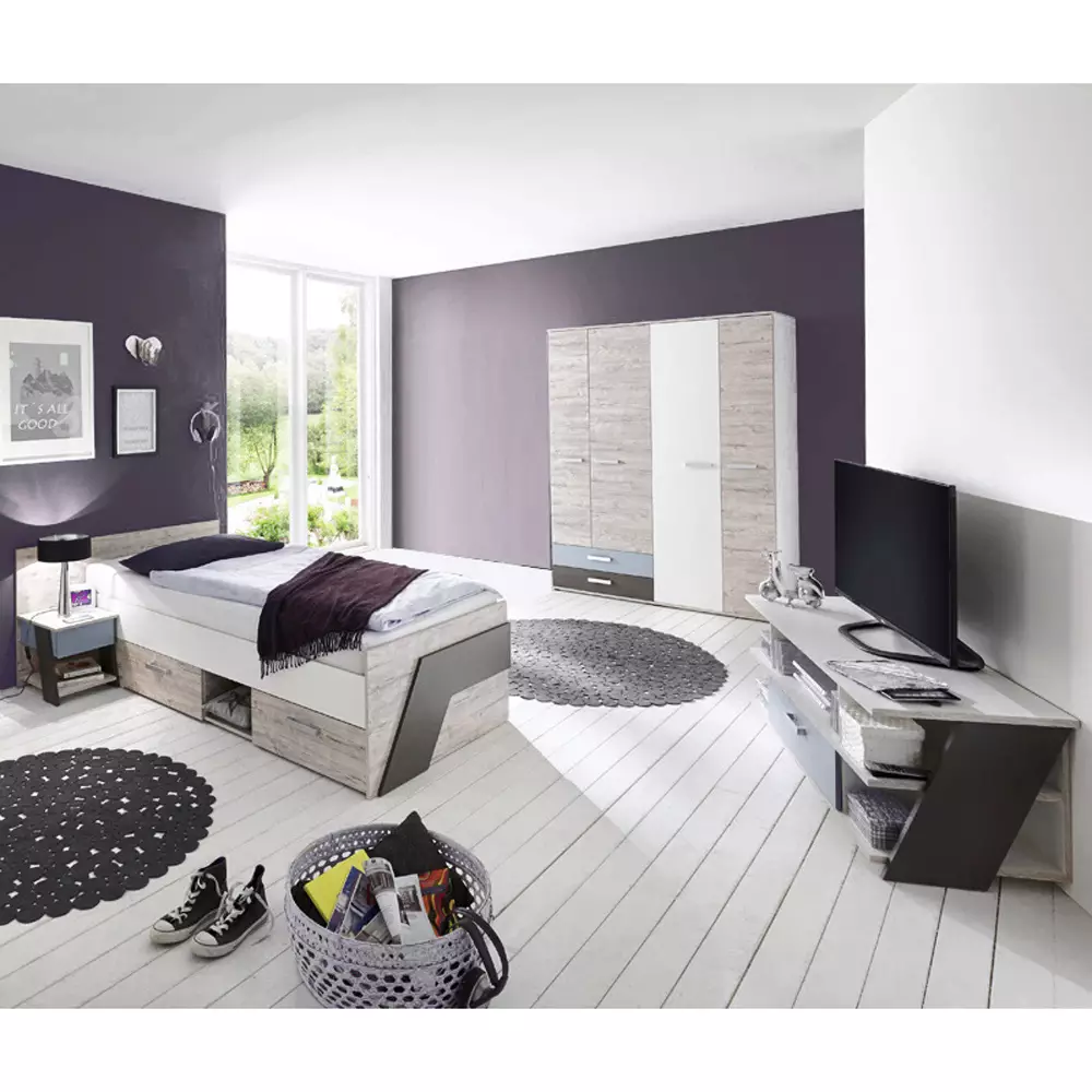 Lomadox Jugendzimmer Set 4-teilig LEEDS-10 in Sandeiche Nb. mit weiß, Lava und Denim Blau mit Lowboard Bis zu 50% Rabatt