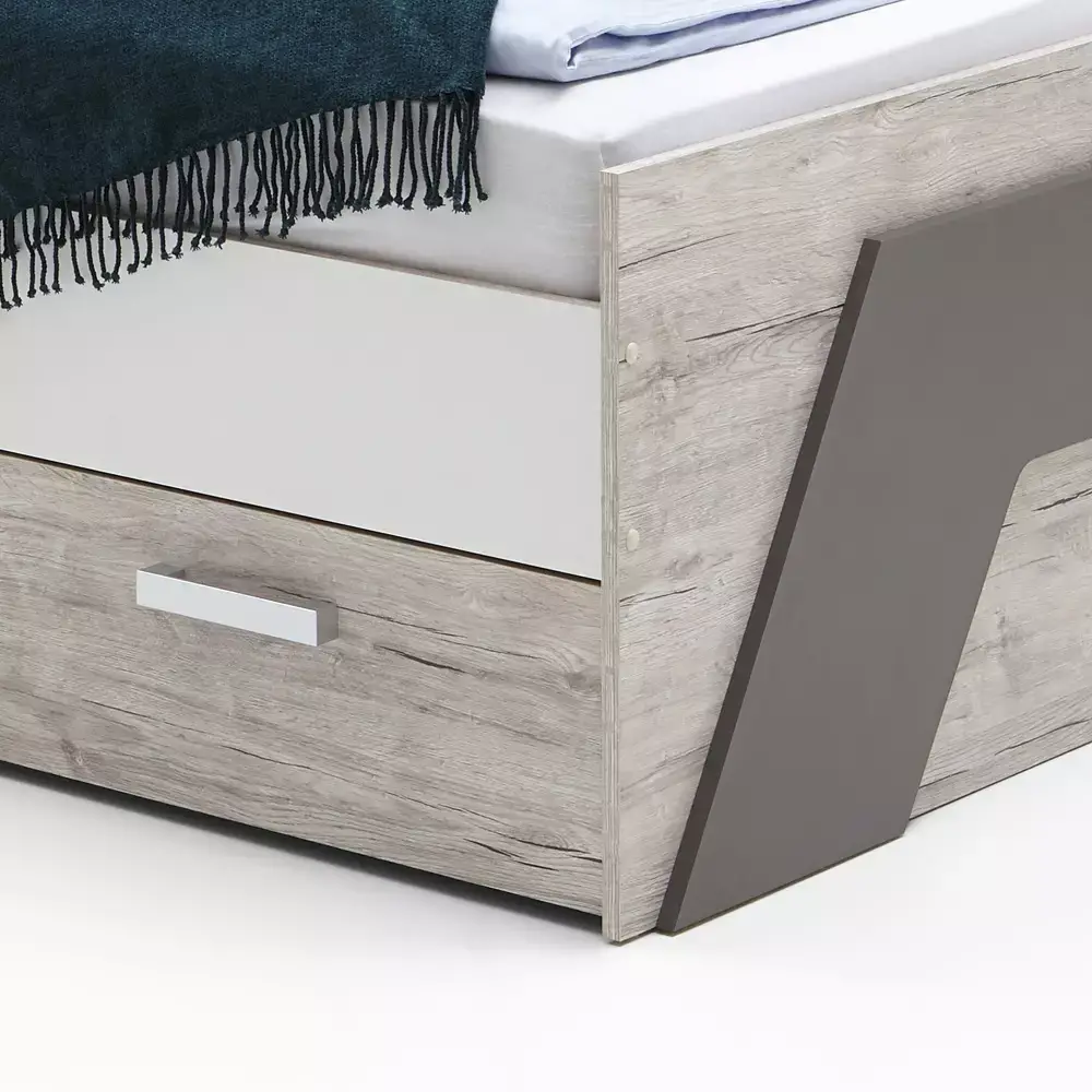 Lomadox Jugendzimmer Set mit Bett 140x200 cm mit Schreibtisch 3-teilig LEEDS-10 in Sandeiche Nb. mit weiß, Lava und Denim Blau Bis zu 65% Rabatt