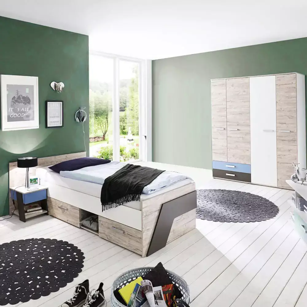 Lomadox Kinderzimmer Set Komplett Sandeiche Nb. mit weiß, Lava 3-teilig LEEDS-10 und Denim Blau Sonderangebot der Fabrik