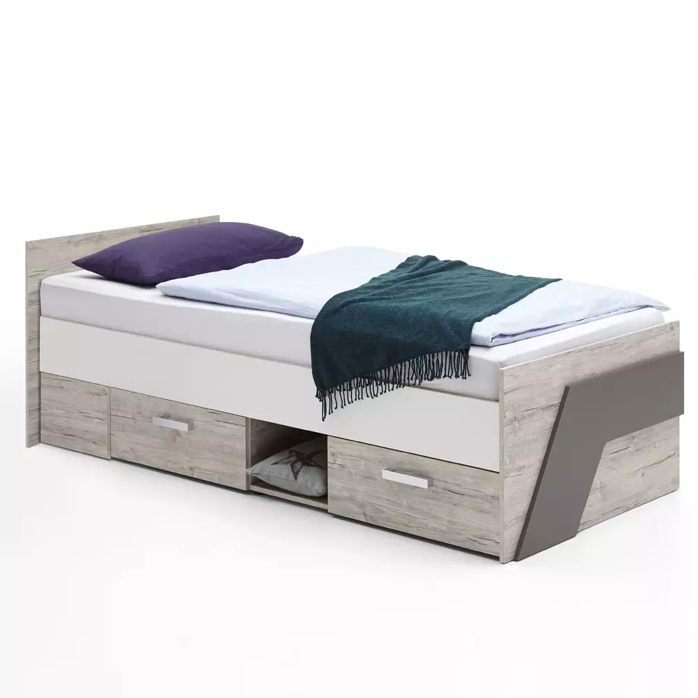 Lomadox Kinderzimmer Set Komplett Sandeiche Nb. mit weiß, Lava 3-teilig LEEDS-10 und Denim Blau Sonderangebot der Fabrik