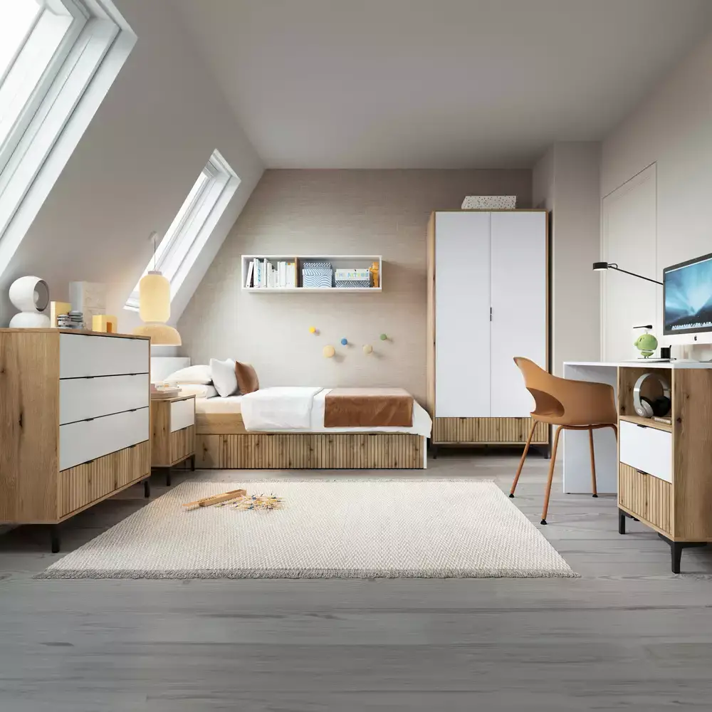 Lomadox Bett 90x200 cm weiß mit Eiche RISBY-129 Bis zu 55% Rabatt