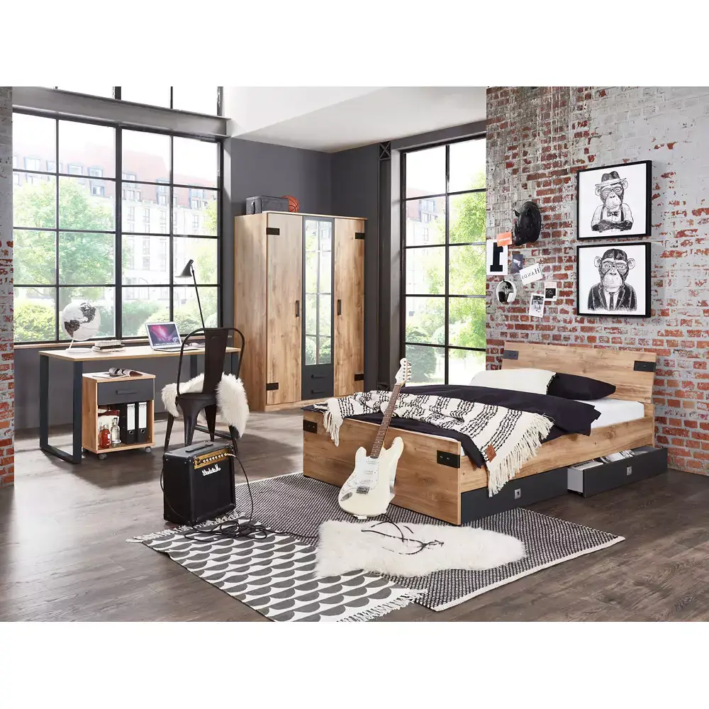 Lomadox Jugendmöbel Set EVERTON-43 6-teilig mit Bett 120cm Bettschubkästen Kleiderschrank 135cm und Schreibtisch