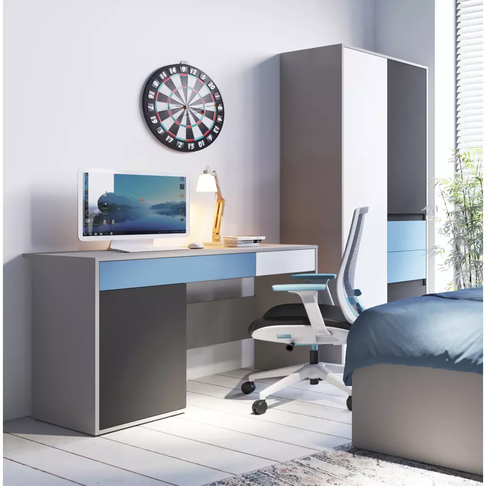 Lomadox Jugendzimmer Schreibtisch LIIVA-129 in grau mit schwarz, weiß, blau, B/H/T: ca. 124,4/76/60,1 cm Begrenzt auf 3 Tage
