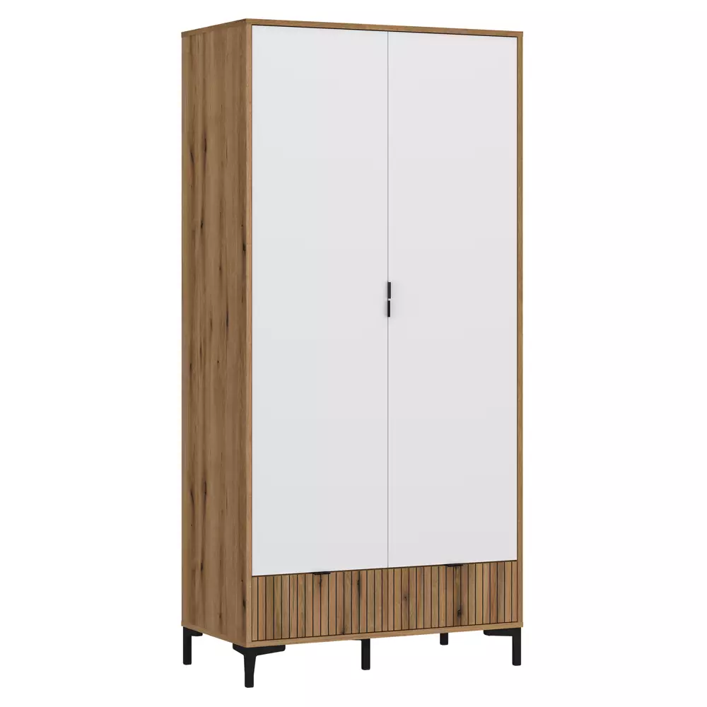 Lomadox Kleiderschrank Eiche mit weiß und Lamellenoptik RISBY-129