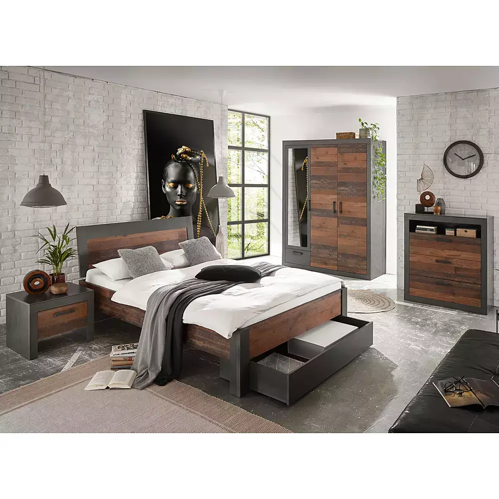 Lomadox Schlafzimmer Komplett Set BERLIN-S-61 im Industrial Look, Matera anthrazit/grau mit Old Mix Dekor Verkauf