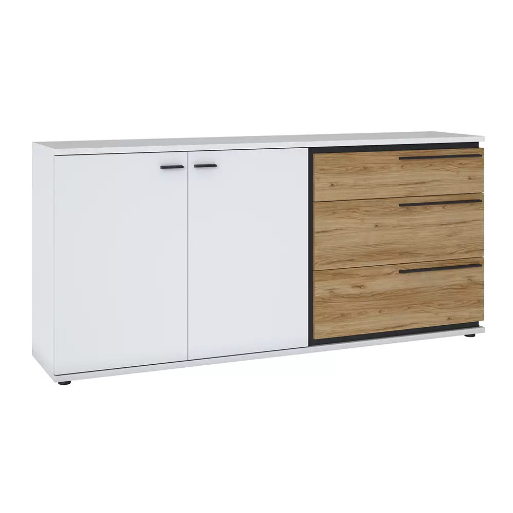 Lomadox Esszimmer Schrankset mit Esstisch in weiß mit Eiche Nb. SANDVIKA-129 Absetzungen schwarz matt im Angebot