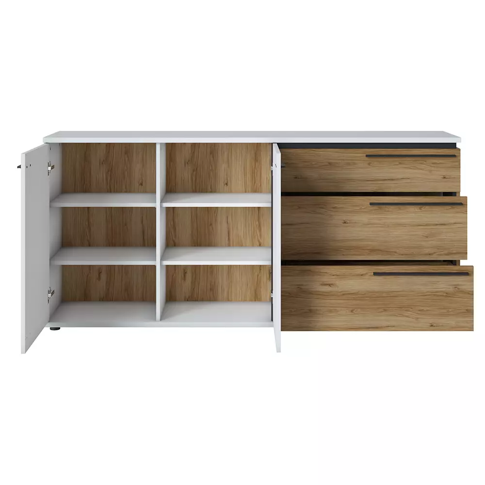 Lomadox Esszimmer Schrankset mit Esstisch in weiß mit Eiche Nb. SANDVIKA-129 Absetzungen schwarz matt im Angebot