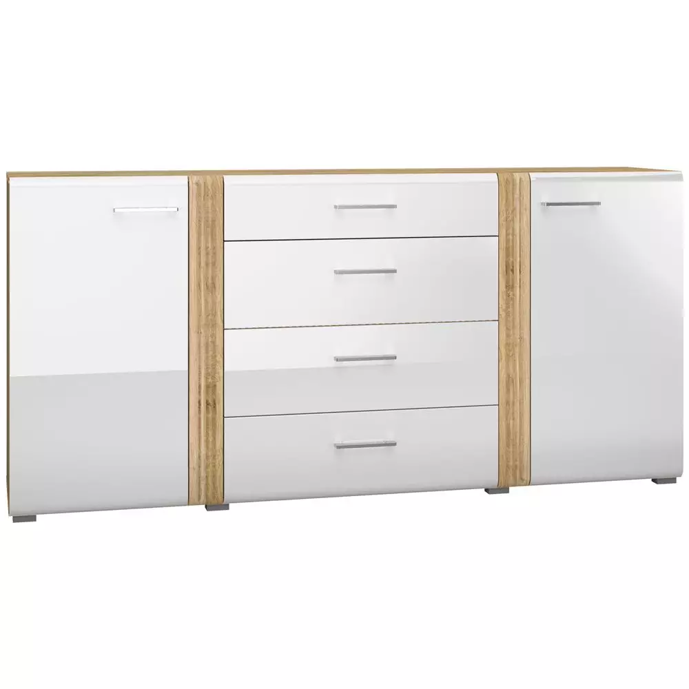 Lomadox Anrichte Sideboard 190 cm in Eiche Castello Nb. mit weiß Hochglanz AKRON-131 hochwertige MDF Fronten mit filigraner Fräsung, B/H/T: ca. 190/90/42 cm