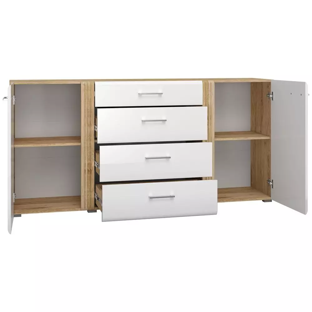 Lomadox Anrichte Sideboard 190 cm in Eiche Castello Nb. mit weiß Hochglanz AKRON-131 hochwertige MDF Fronten mit filigraner Fräsung, B/H/T: ca. 190/90/42 cm Schlussverkauf