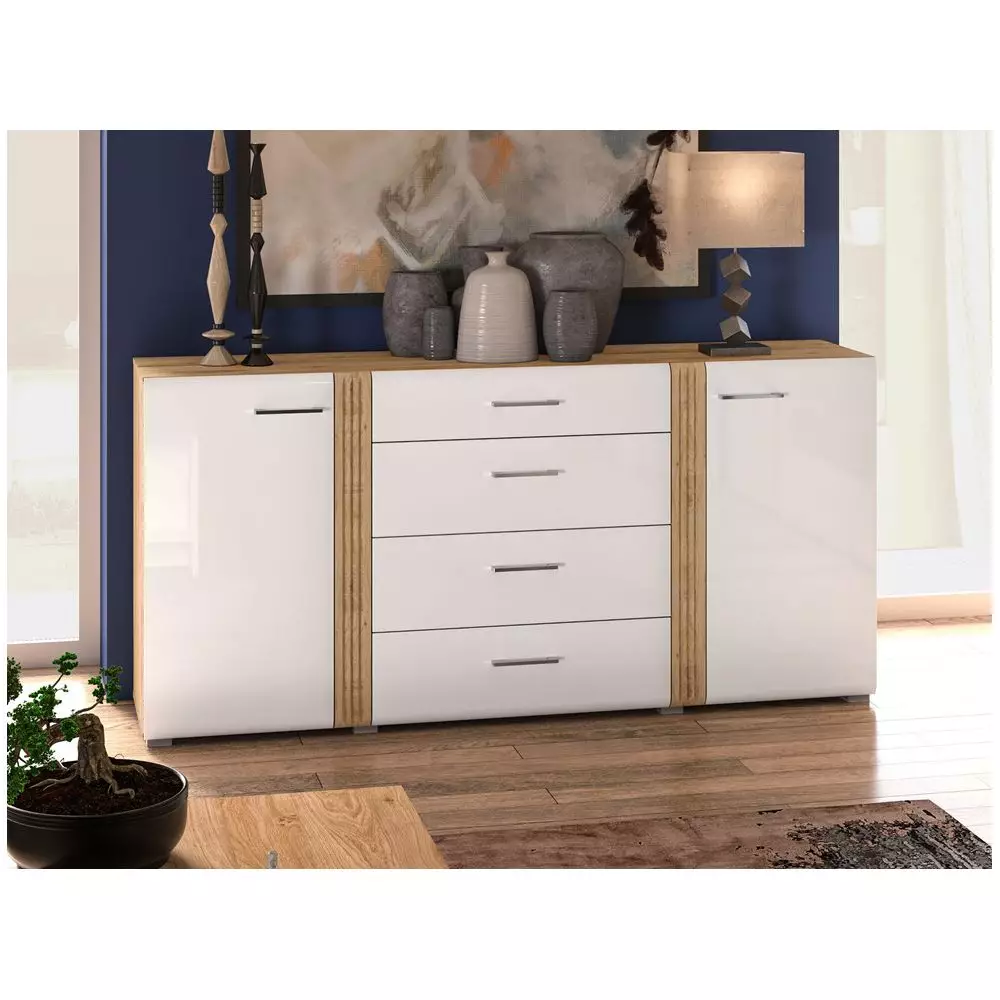 Lomadox Anrichte Sideboard 190 cm in Eiche Castello Nb. mit weiß Hochglanz AKRON-131 hochwertige MDF Fronten mit filigraner Fräsung, B/H/T: ca. 190/90/42 cm Schlussverkauf