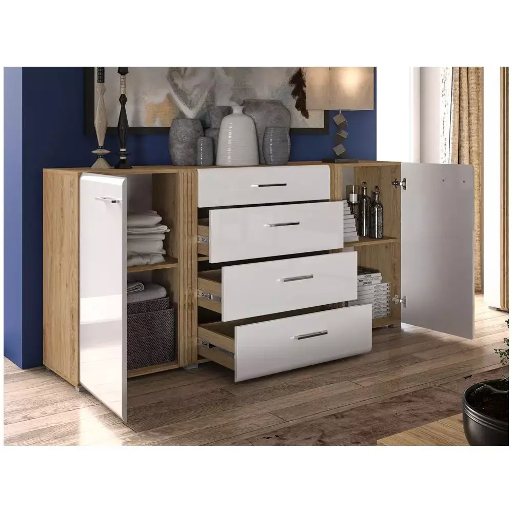 Lomadox Anrichte Sideboard 190 cm in Eiche Castello Nb. mit weiß Hochglanz AKRON-131 hochwertige MDF Fronten mit filigraner Fräsung, B/H/T: ca. 190/90/42 cm Schlussverkauf