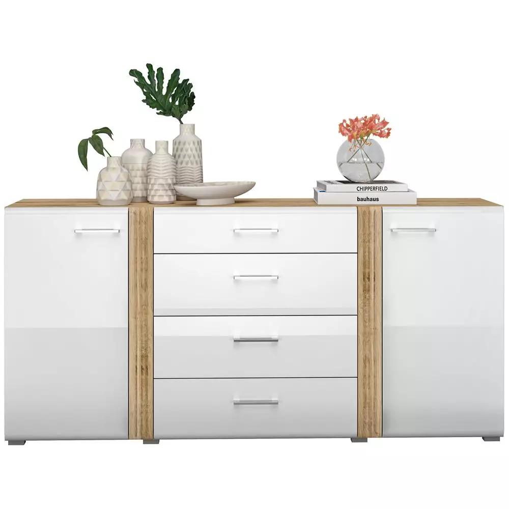 Lomadox Anrichte Sideboard 190 cm in Eiche Castello Nb. mit weiß Hochglanz AKRON-131 hochwertige MDF Fronten mit filigraner Fräsung, B/H/T: ca. 190/90/42 cm Schlussverkauf