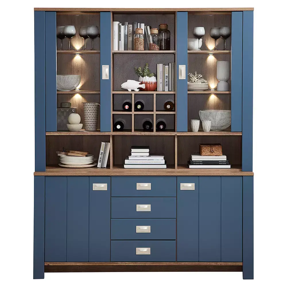 Lomadox Buffetschrank Landhaus in blau DEVON-36 mit Details in Eiche Nb., inkl. LED Beleuchtung, B/H/T: ca. 163/201/45 cm