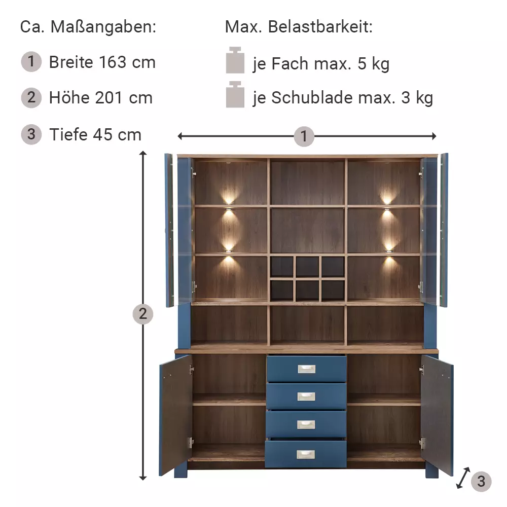 Lomadox Buffetschrank Landhaus in blau DEVON-36 mit Details in Eiche Nb., inkl. LED Beleuchtung, B/H/T: ca. 163/201/45 cm Weihnachtsangebot