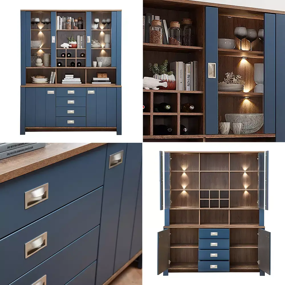 Lomadox Buffetschrank Landhaus in blau DEVON-36 mit Details in Eiche Nb., inkl. LED Beleuchtung, B/H/T: ca. 163/201/45 cm Weihnachtsangebot