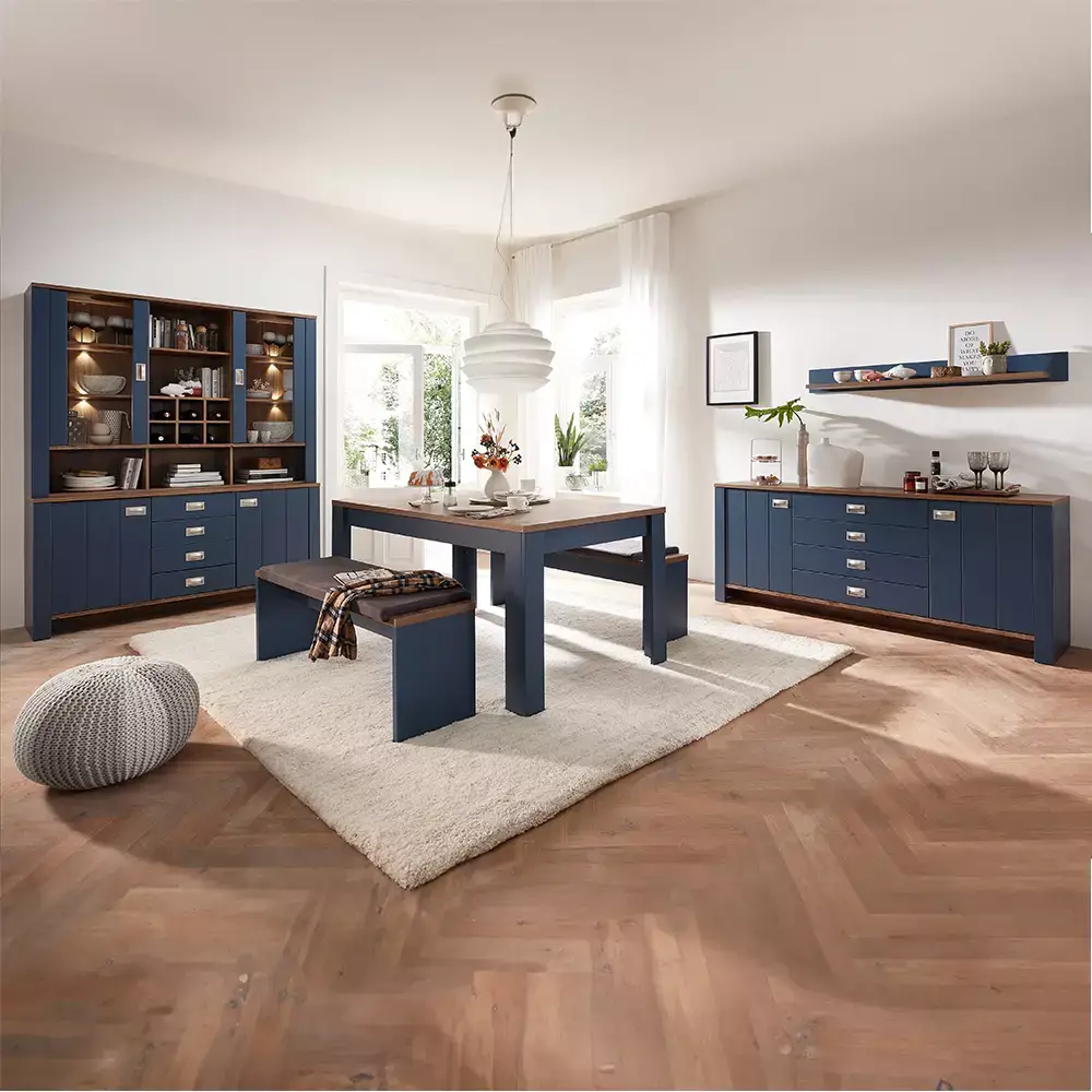 Lomadox Buffetschrank Landhaus in blau DEVON-36 mit Details in Eiche Nb., inkl. LED Beleuchtung, B/H/T: ca. 163/201/45 cm Weihnachtsangebot