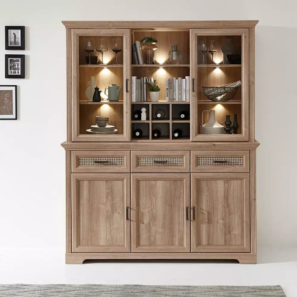 Lomadox Buffetschrank mit Beleuchtung, Eiche, optional mit Wiener Geflecht, VADUZ-36 Osterangebot